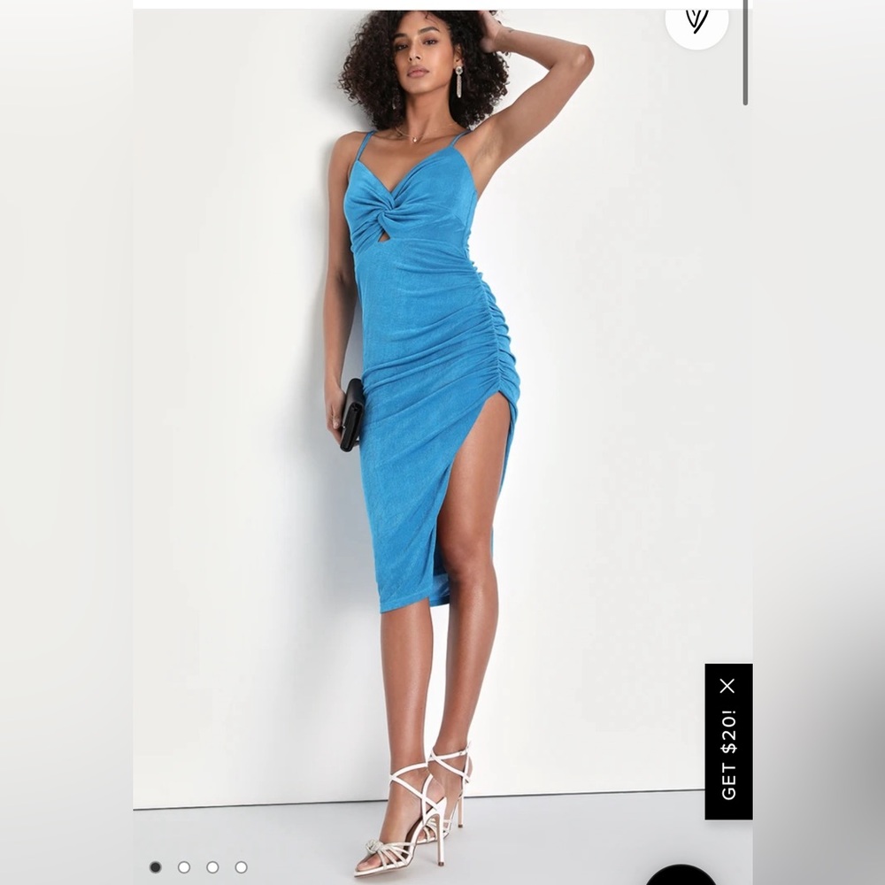 Lulus Perfect Allure Blue Twist-Front Ruched Midi Bodycon Dress